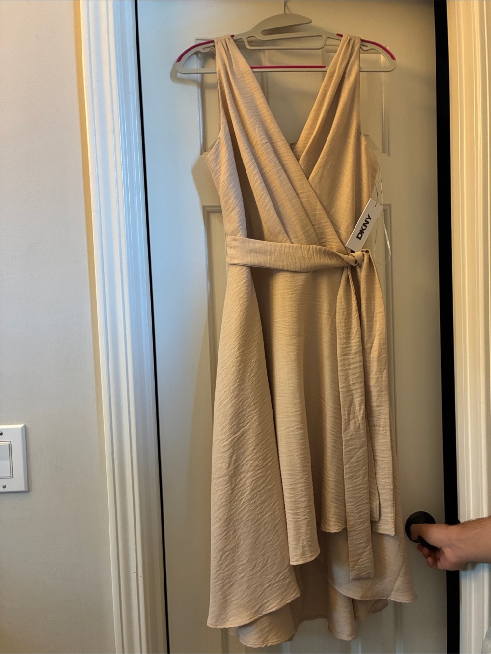 DKNY Sleeveless Wrap High-Low Dress in Beige